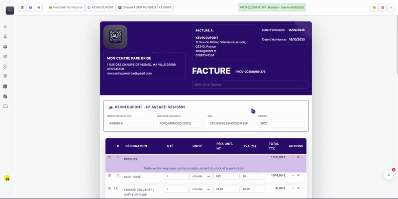 Démonstration logiciel bris de glace - Signature électronique dossier vitrage - Interface Onify Glass